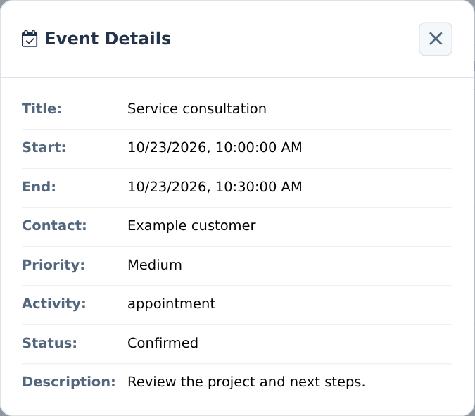 Read-only event details showing start, end, contact, priority, activity and status