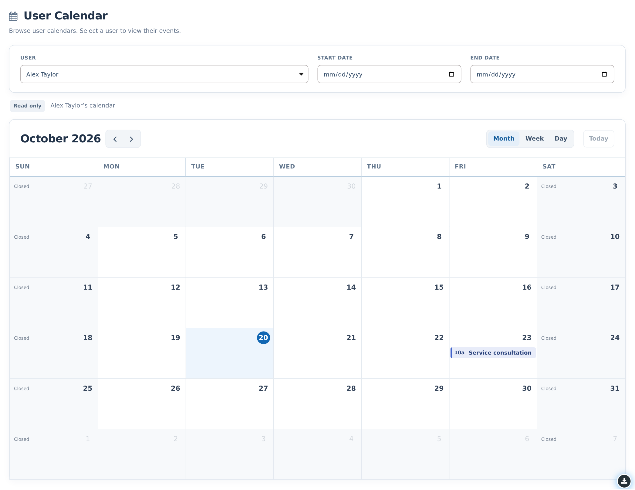 User Calendar with user and date selectors and an example appointment