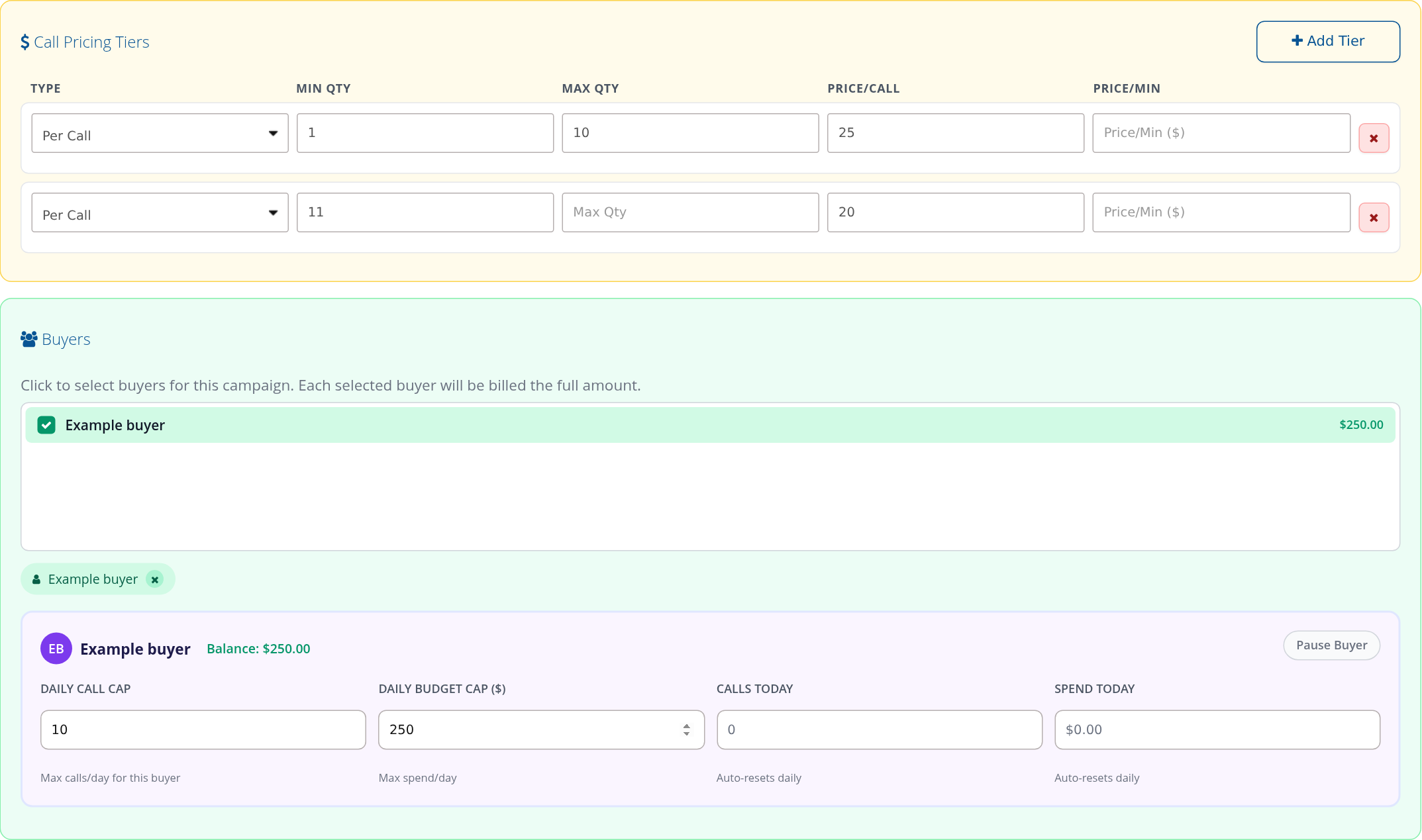 Call pricing tiers and a selected buyer with daily call and budget controls