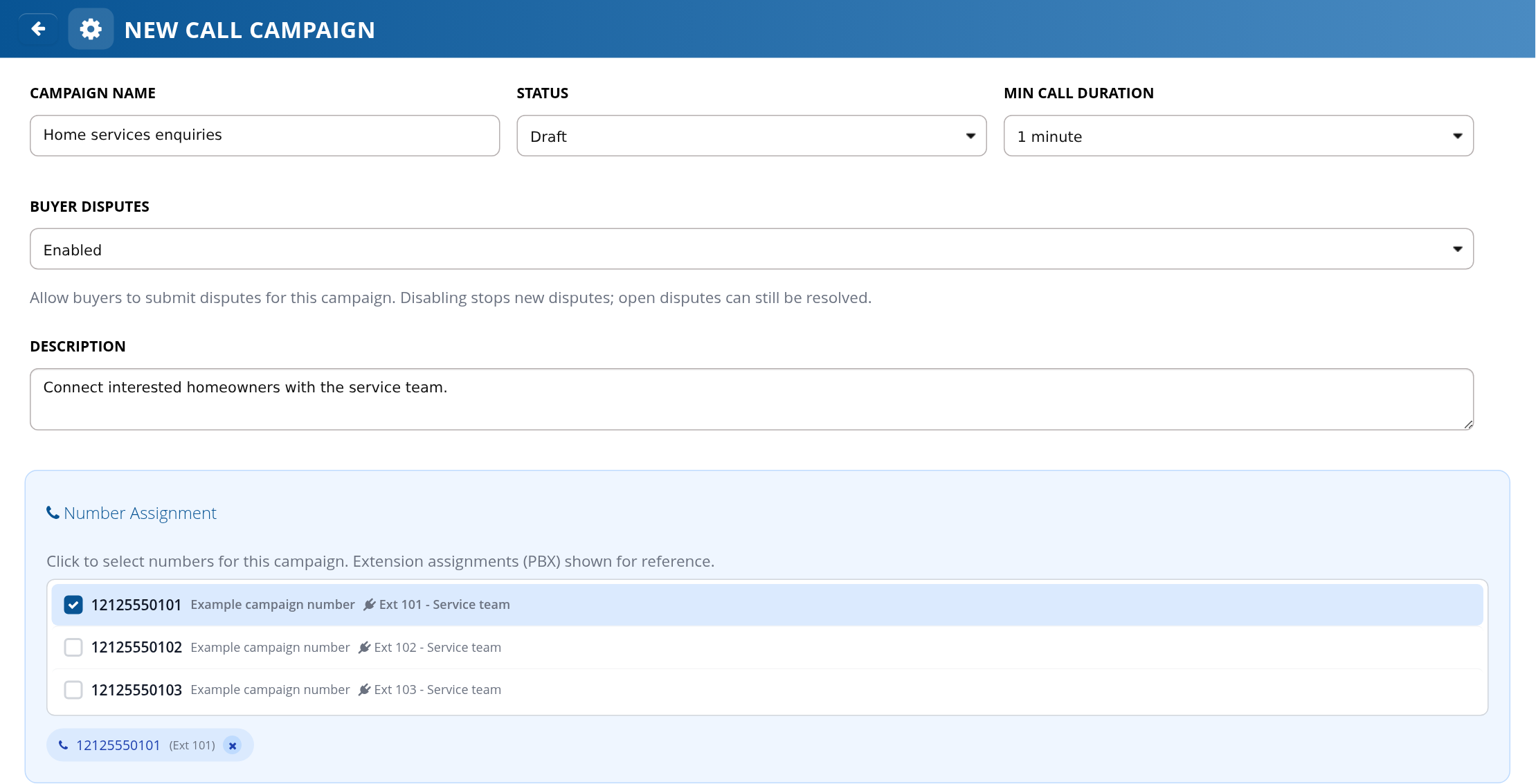 New Call Campaign name, Draft status, minimum duration and number assignment