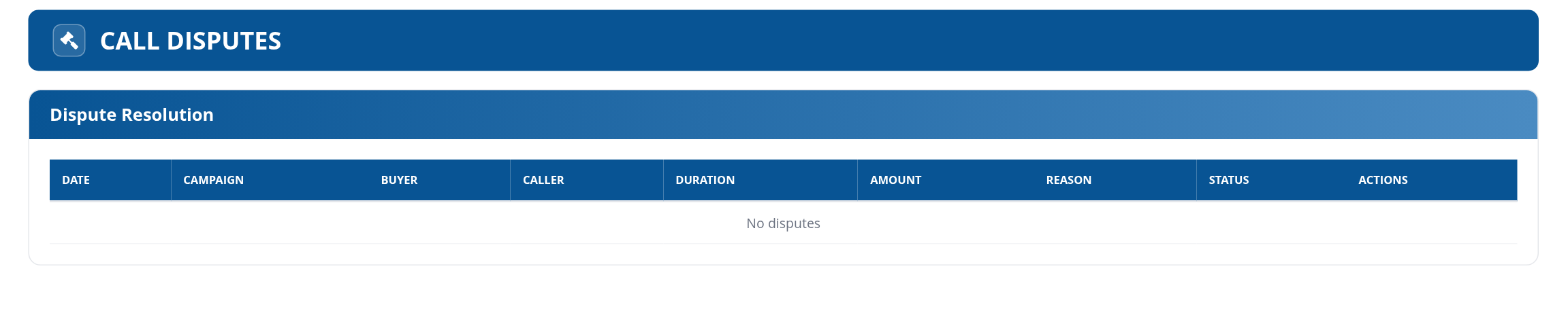 Call Disputes table with reason, status and decision columns