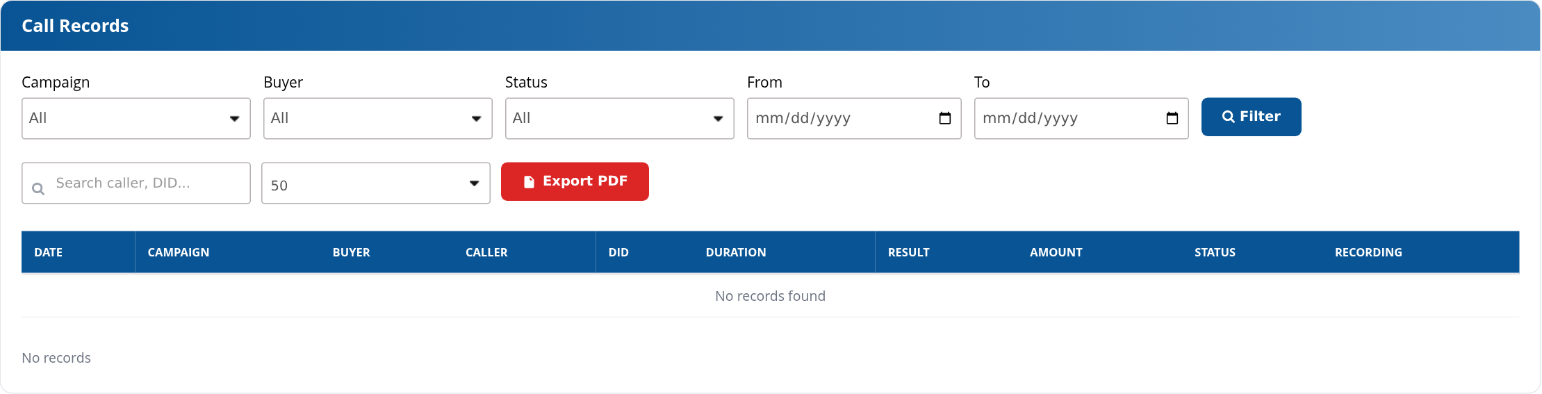 Call Log filters, export control and record columns