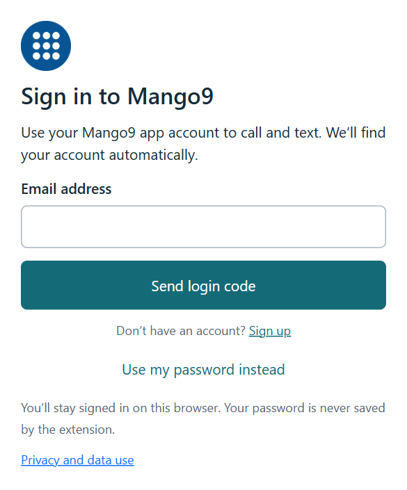 Mango9 Chrome extension email-code sign-in