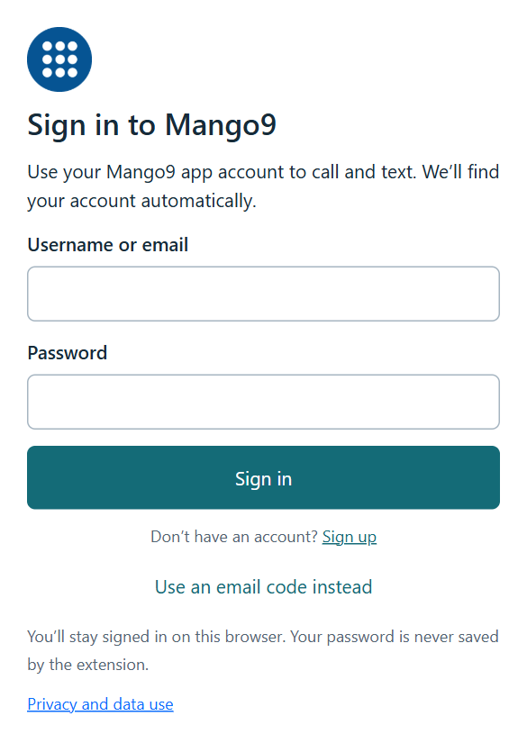 Mango9 Chrome extension username and password sign-in