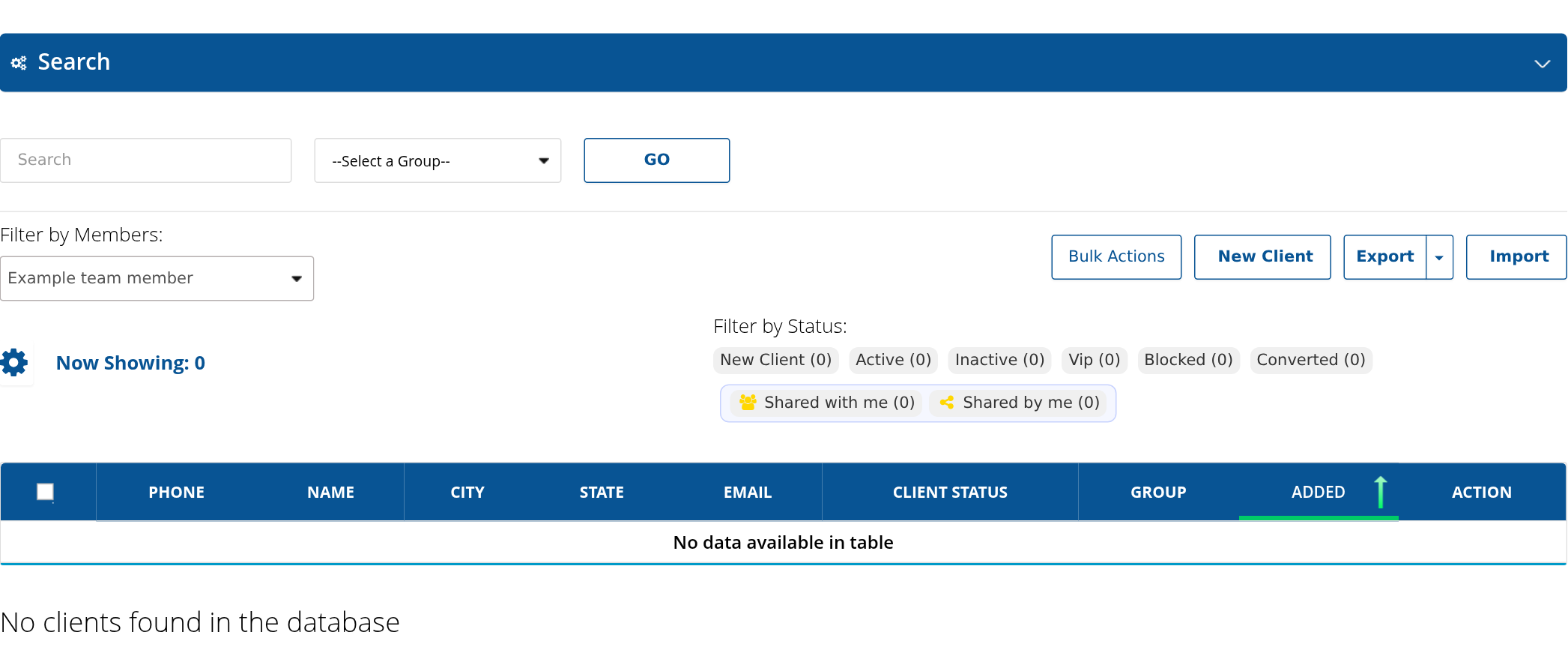 Clients list with New Client, member and status filters, Bulk Actions, Import and Export