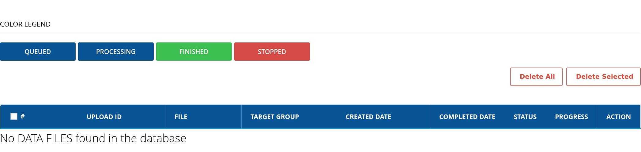 DataFiles status legend and upload history columns