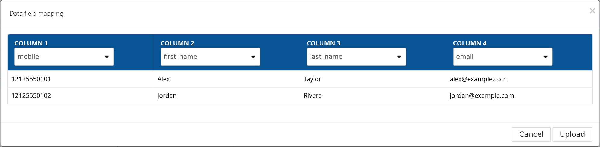 Data field mapping preview with mobile, first_name, last_name and email