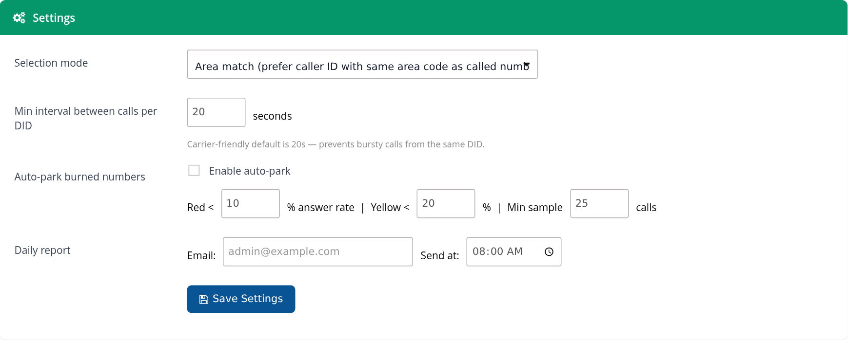 Dynamic Caller ID selection and reporting settings
