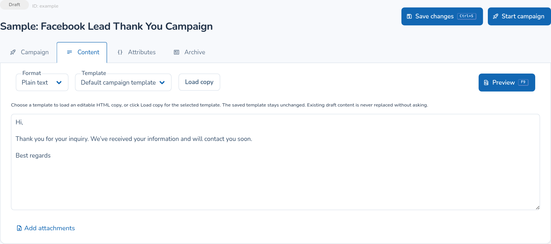 Campaign Content tab with template selection, editable copy, Preview and Start campaign