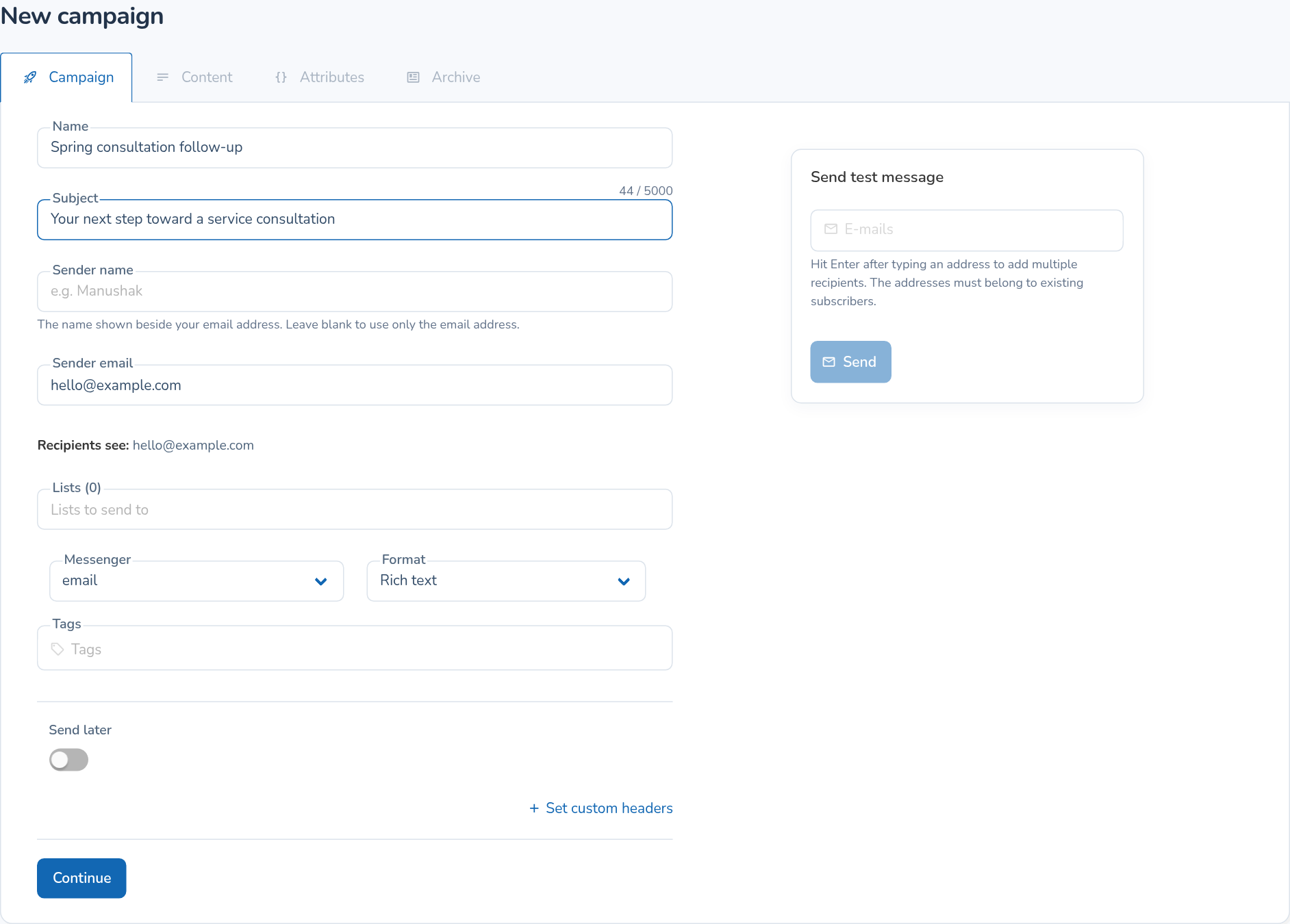 New email campaign with name, subject, sender, lists, format and Send later