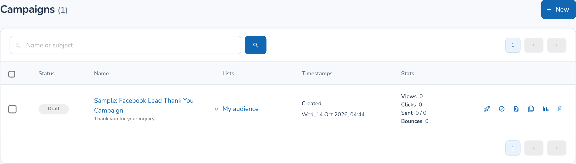 Campaigns list with draft status, audience list, sending statistics and actions