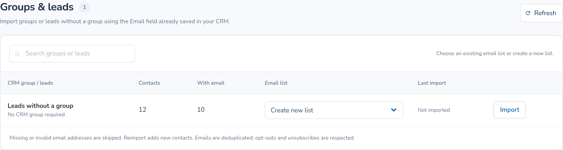 Groups and leads table with contact count, email count, destination list and Import