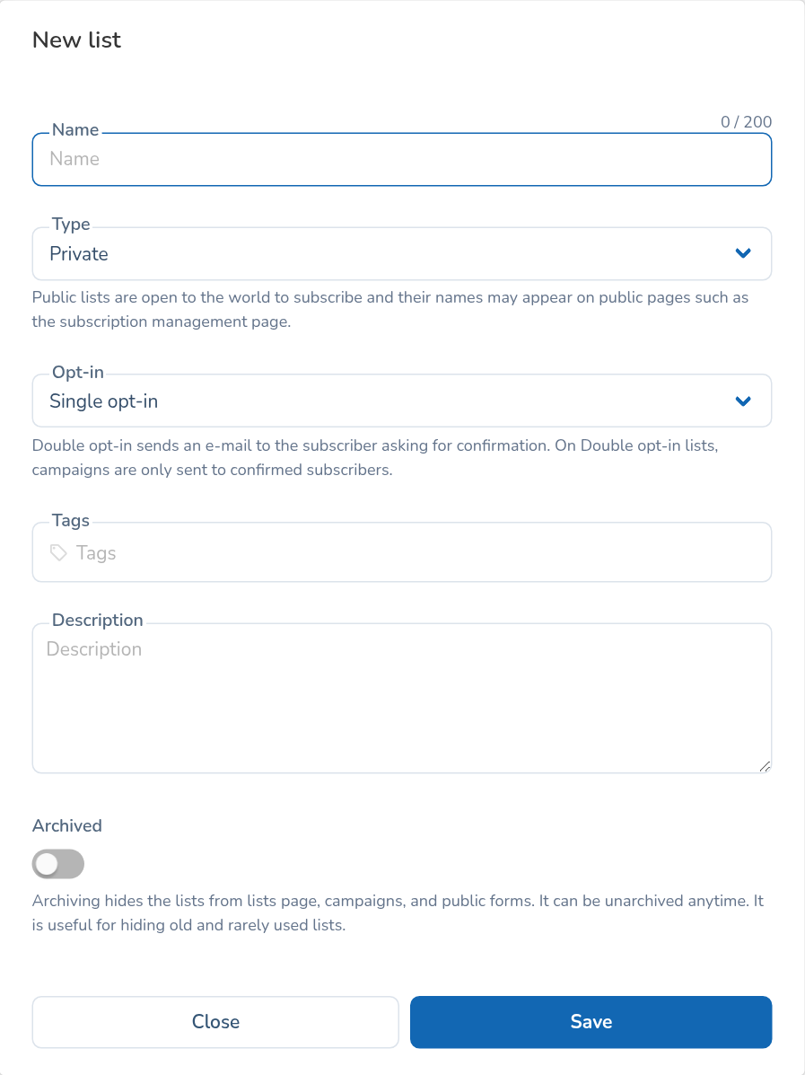 New list form with name, type, opt-in, tags, description and archive control