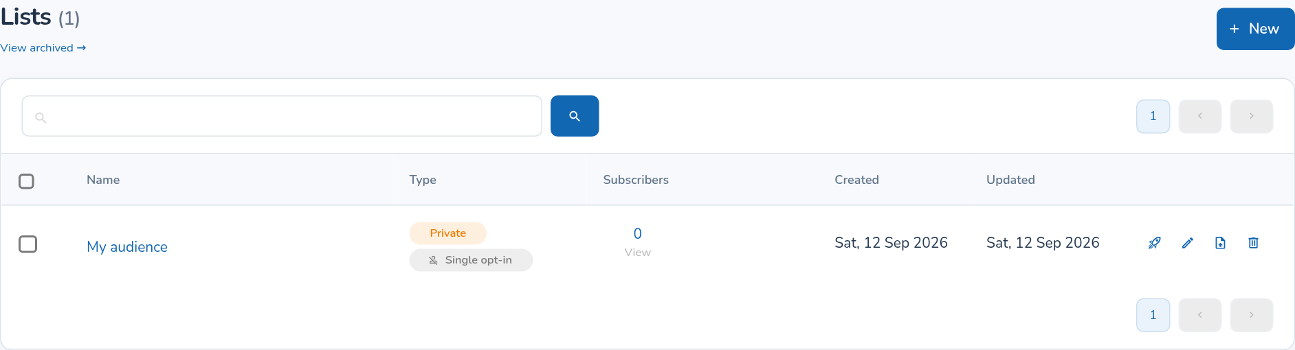 Email Lists table showing list type, opt-in mode and subscriber count