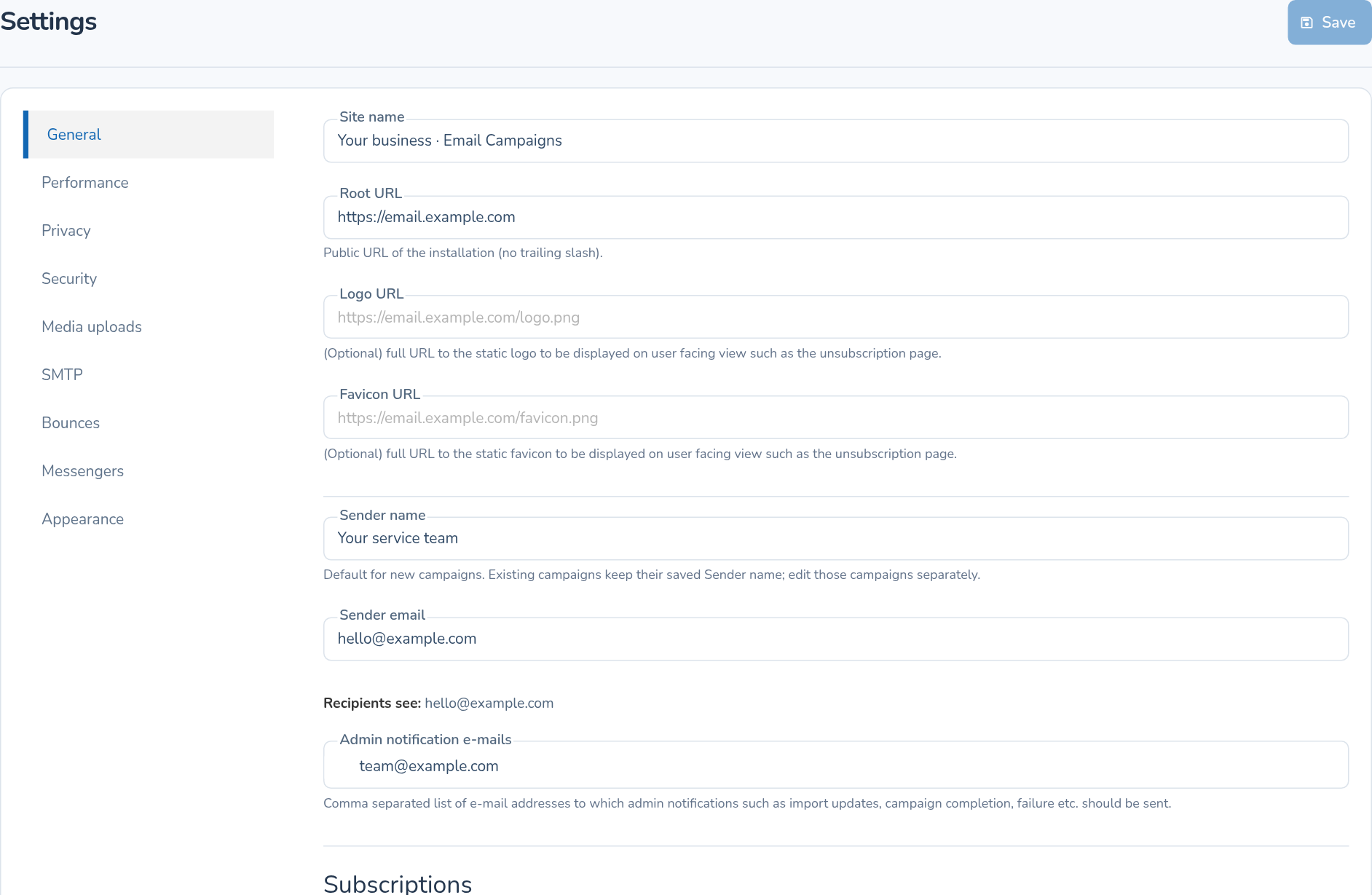 Email General settings with sender name, sender email and notification addresses
