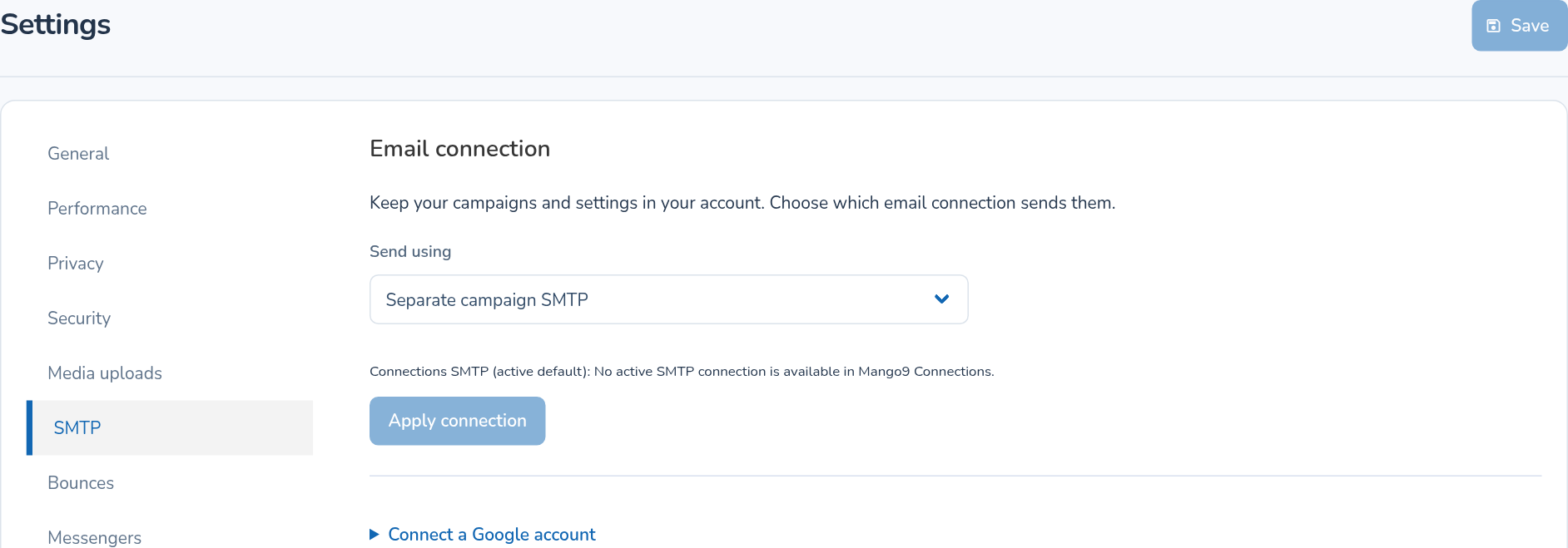 Email connection selector with Apply connection in the SMTP settings
