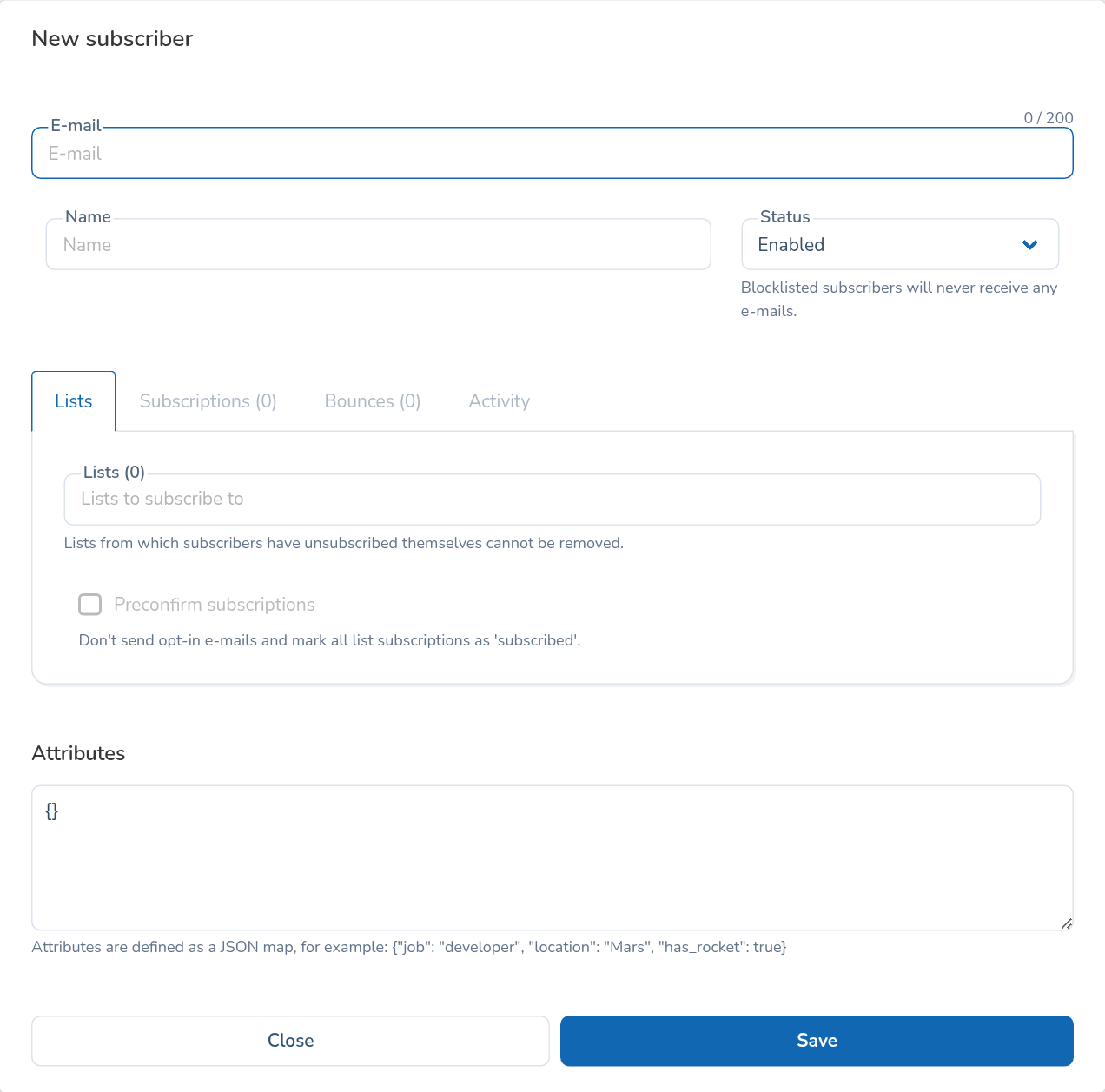 New subscriber form with email, name, status, list membership and subscription options
