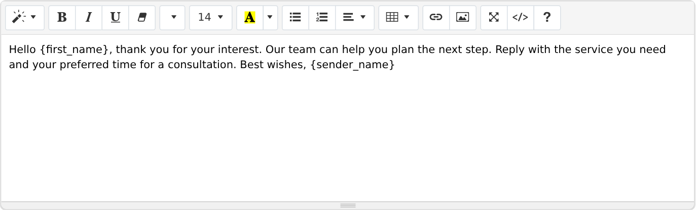 Rich text email editor with first-name and sender-name variables