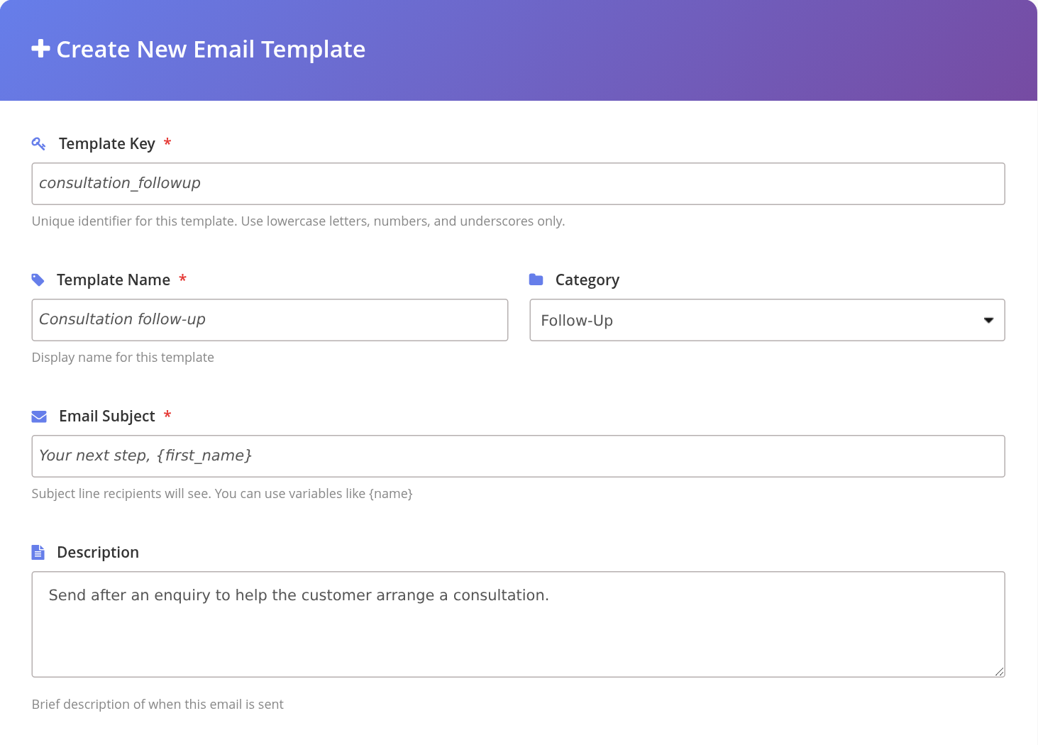 System Template details with key, name, category, subject and description