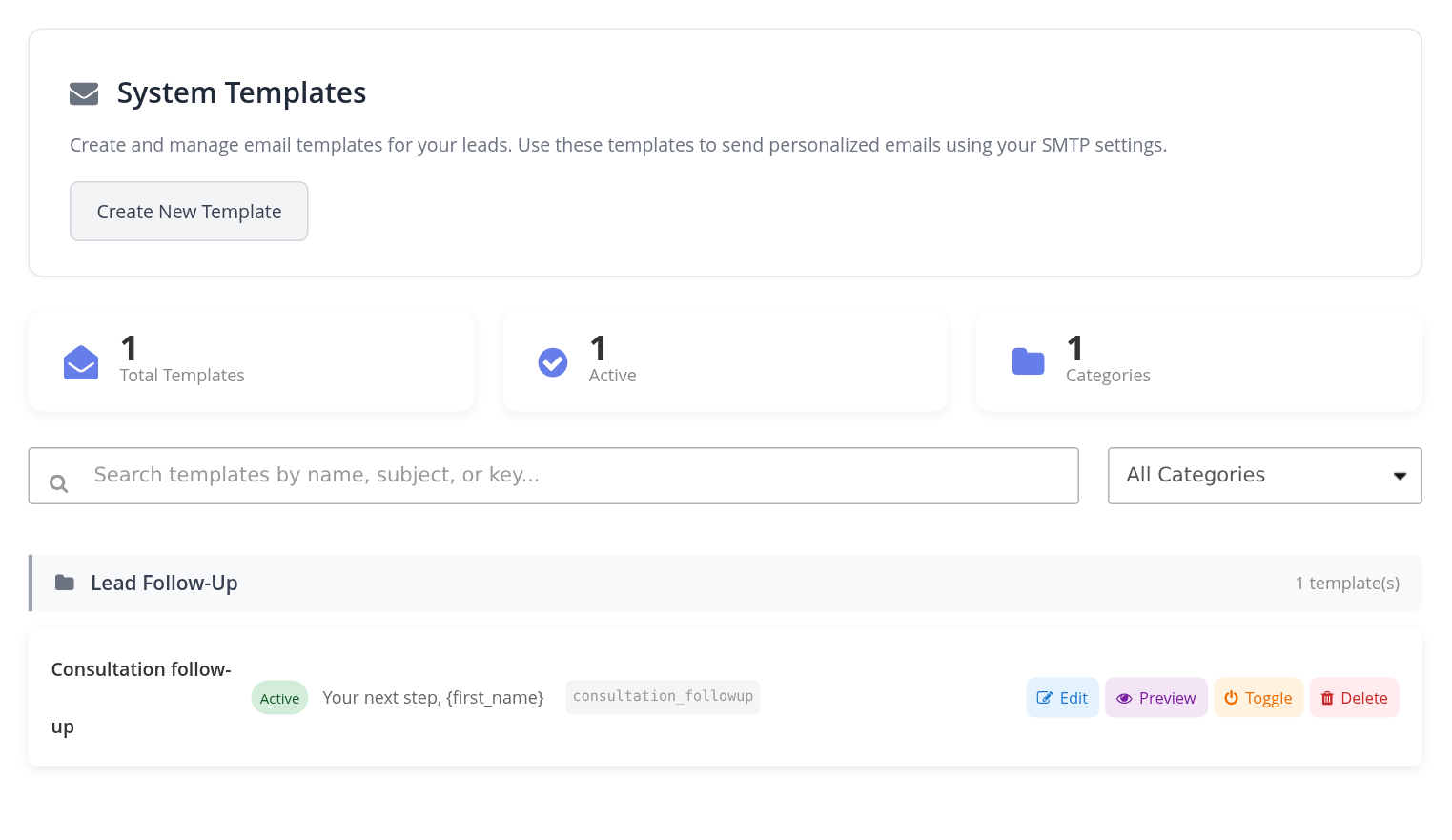 System Templates library with search, categories, status, Edit and Preview