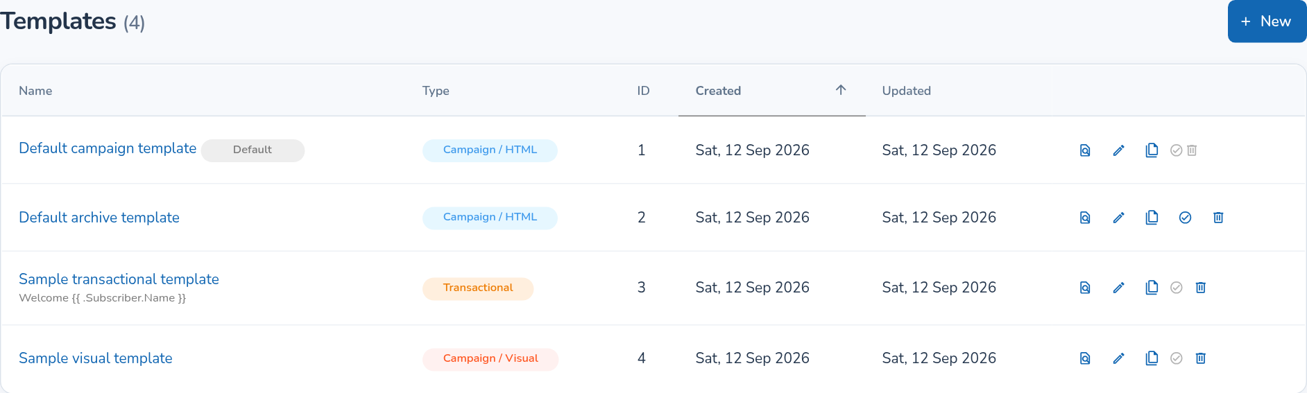 Campaign templates list with HTML, visual and transactional template types