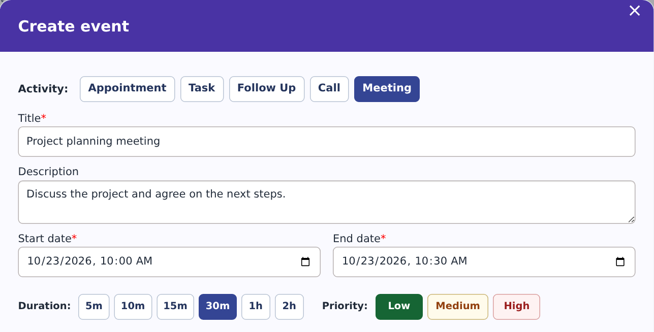 Meeting activity form with schedule controls