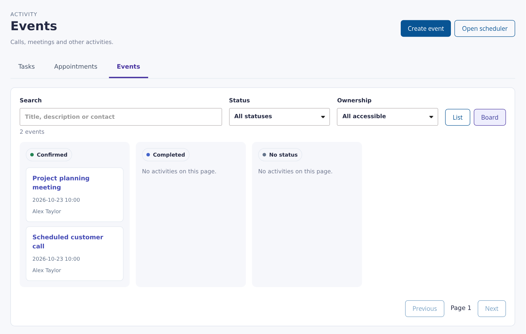 Event board with search and ownership filters