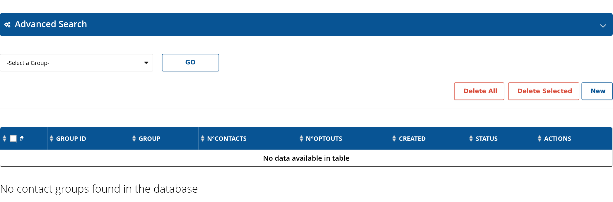 Groups with search, New, contact counts, opt-out counts and actions