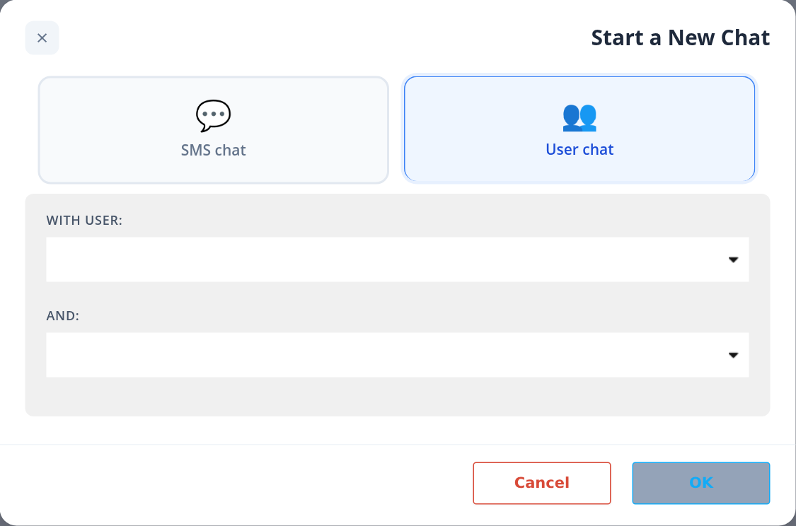 Start a New Chat dialog with User chat selected and With user and And selectors