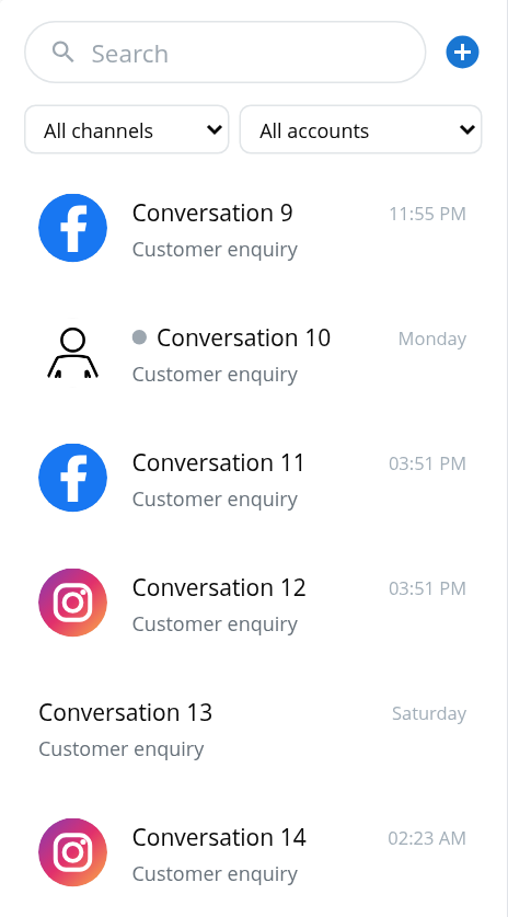 Conversation list showing business messaging channels and filters
