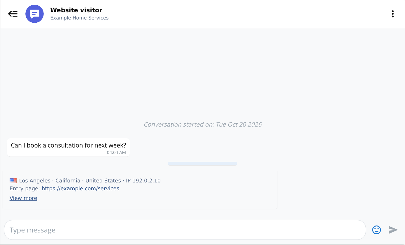 Native website conversation with visitor message, page context and reply composer