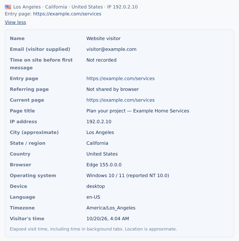 Expanded inline visitor details with page links and device and timing context