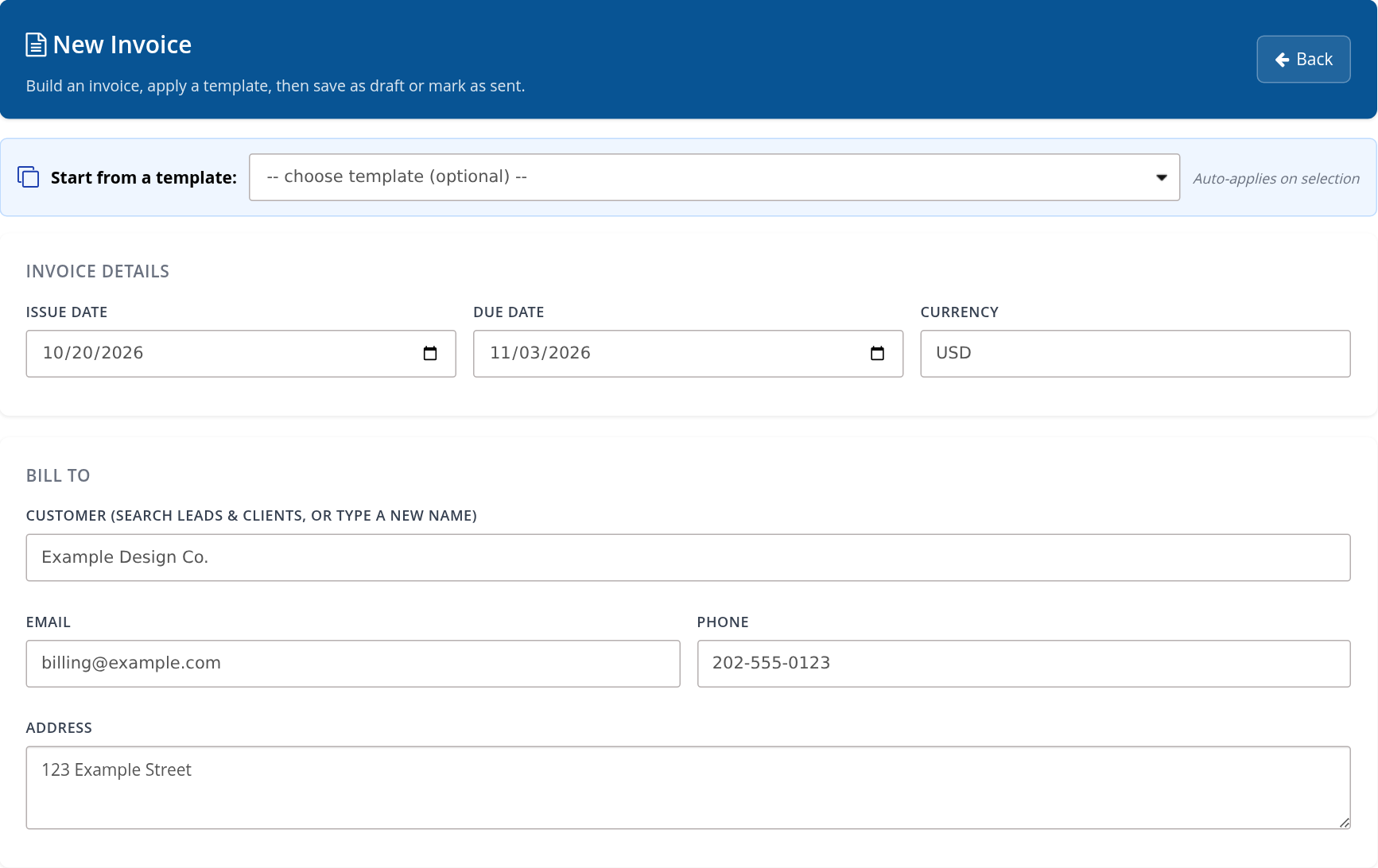 New Invoice with issue date, due date and customer fields