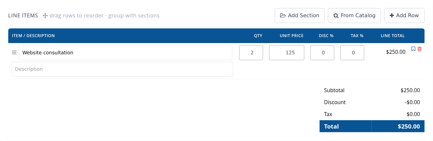 Invoice line items, discount, tax and total