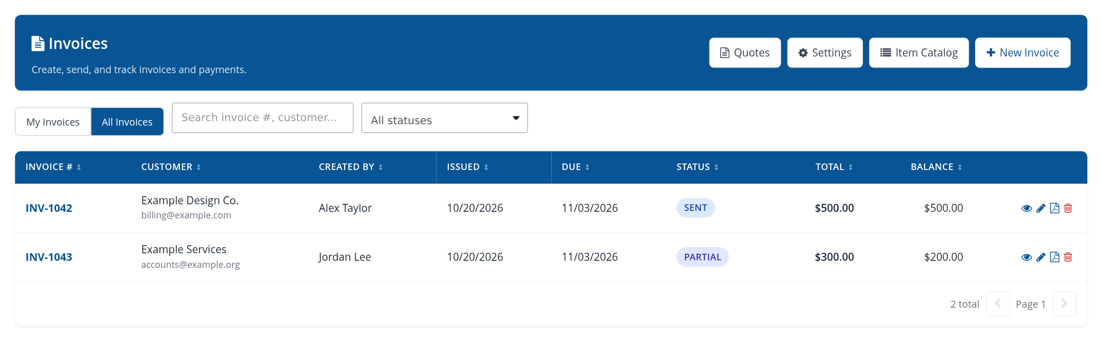 All Invoices showing creators, amounts and remaining balances