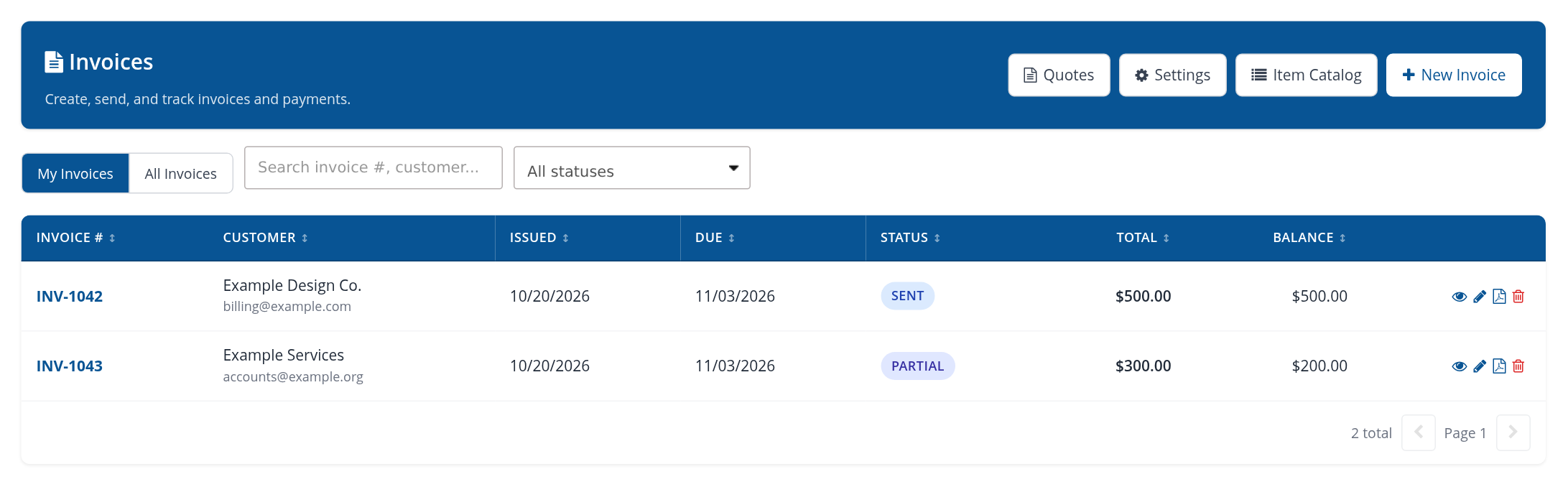 My Invoices with total and balance columns