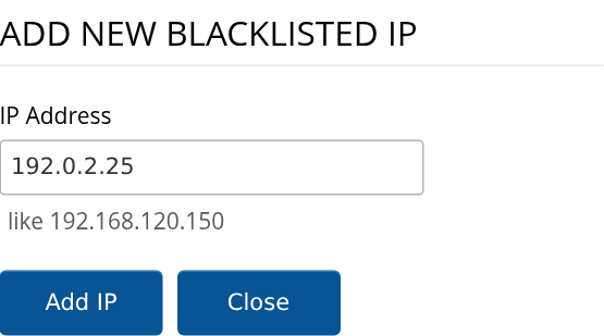 Add New Blacklisted IP form with address, Add IP and Close