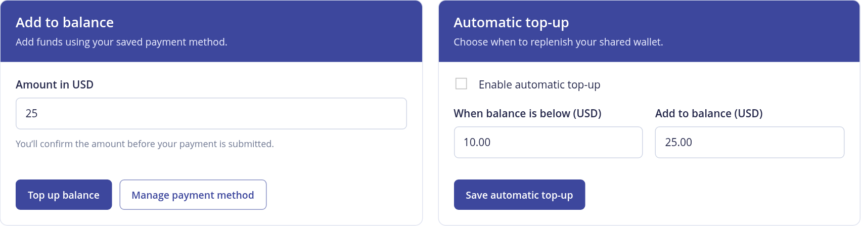 Manual top-up and automatic top-up controls in the shared wallet