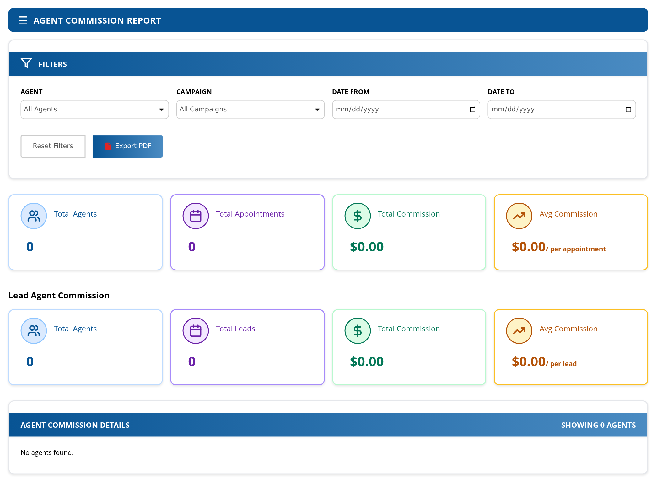 Agent Commission Report with agent, campaign and date filters, separate lead and appointment totals and agent detail section