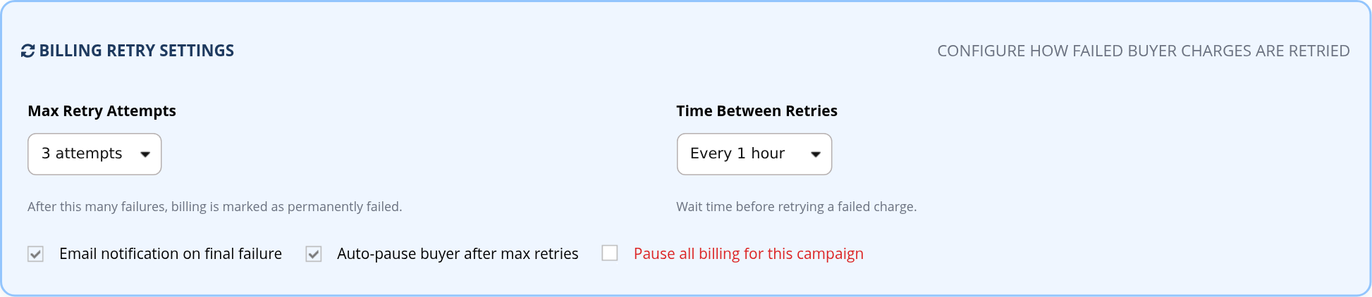 Billing retry settings with maximum attempts, interval, final-failure notification and pause choices