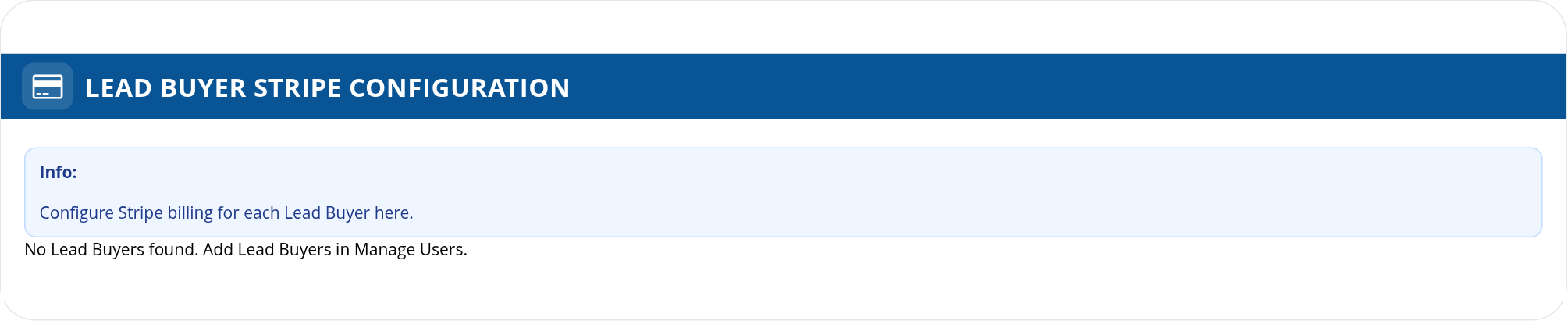 Buyer Billings tab showing Lead Buyer Stripe Configuration
