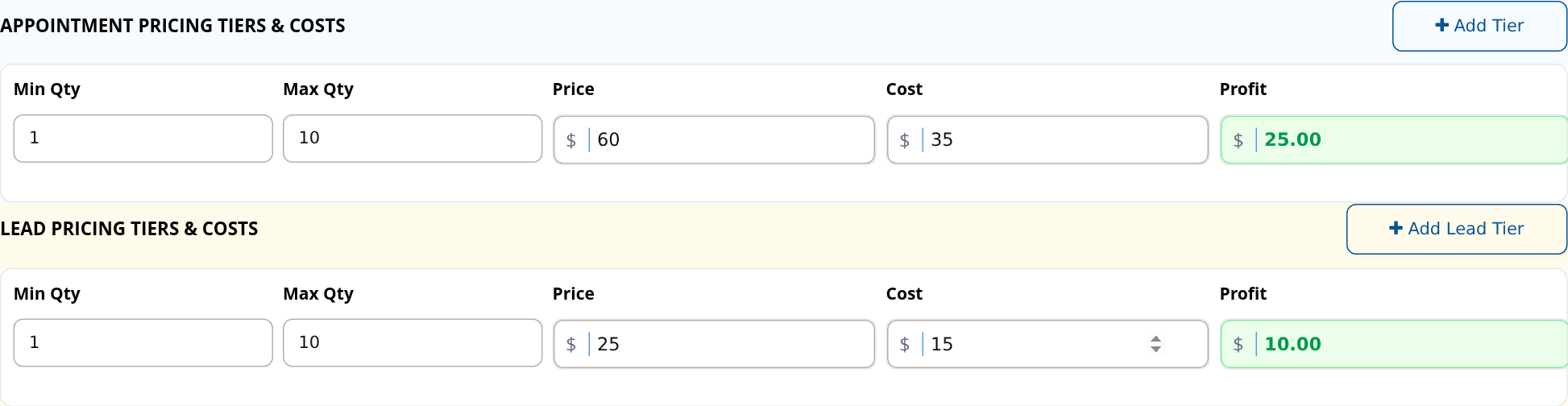 Separate appointment and lead quantity tiers with price, cost and profit amounts