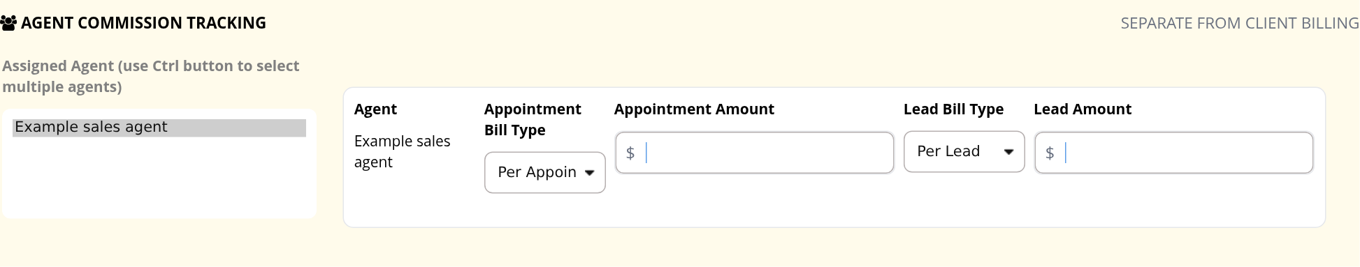 Agent Commission Tracking with an assigned example agent and separate appointment and lead amounts