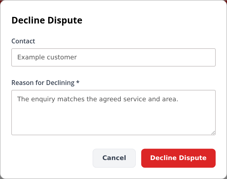 Decline Dispute dialog with contact, required reason and Cancel and Decline Dispute buttons
