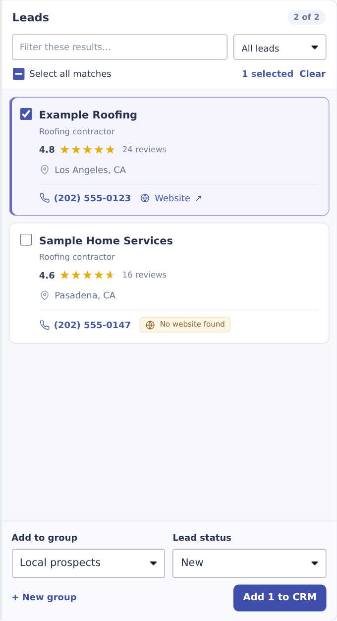Select leads and choose their CRM group and status