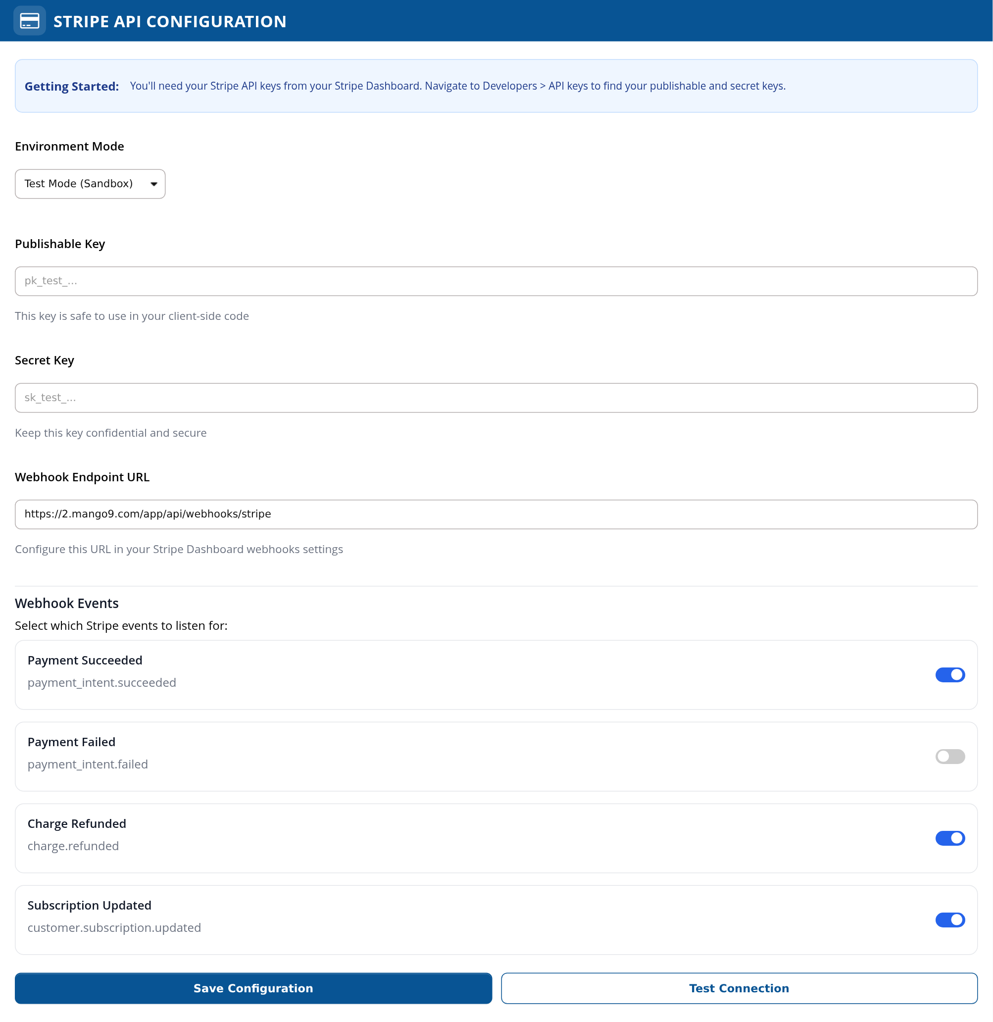 Stripe API Configuration with environment mode, publishable and secret key fields, webhook events and save/test controls
