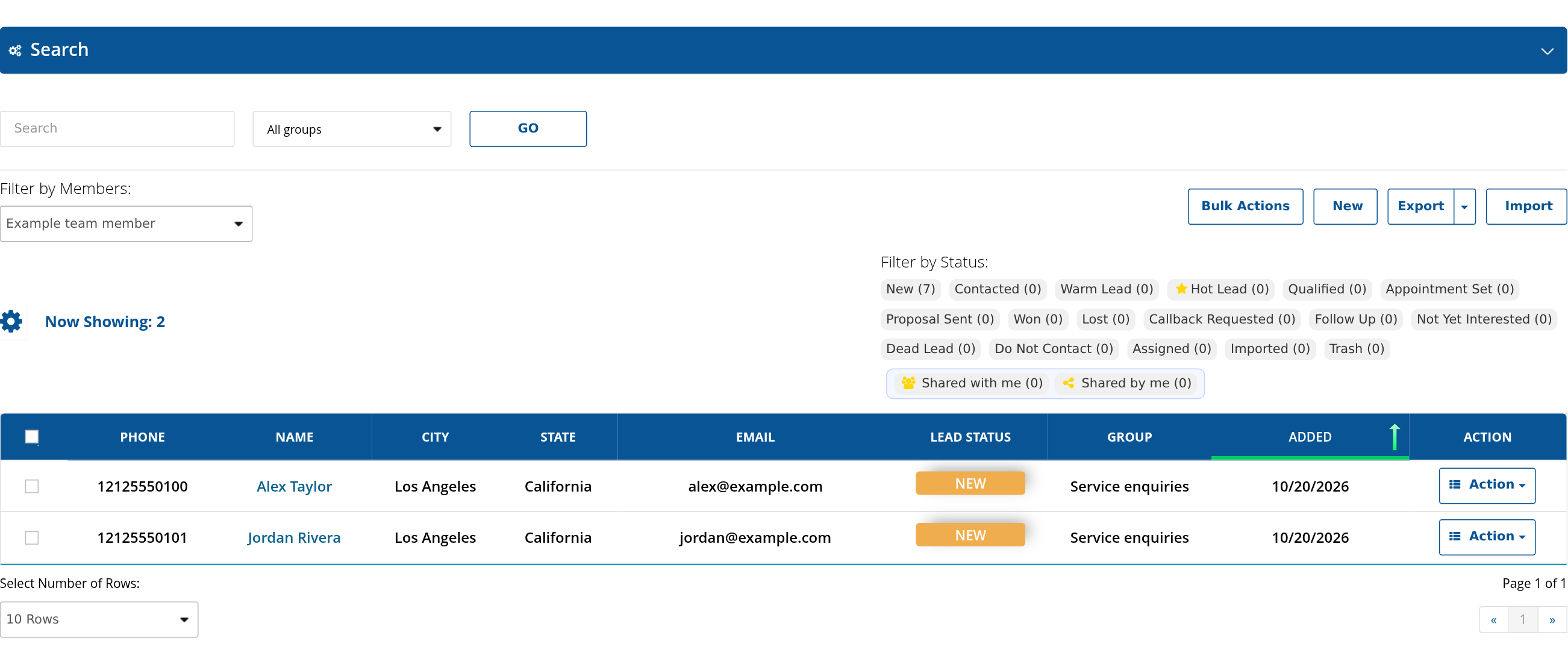 Leads with group, member and status filters, bulk actions, import and export