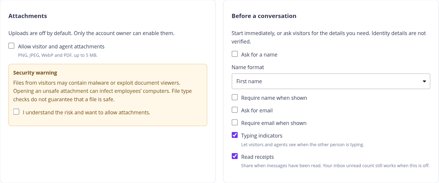 Attachment controls and optional name, email, typing and read-receipt settings