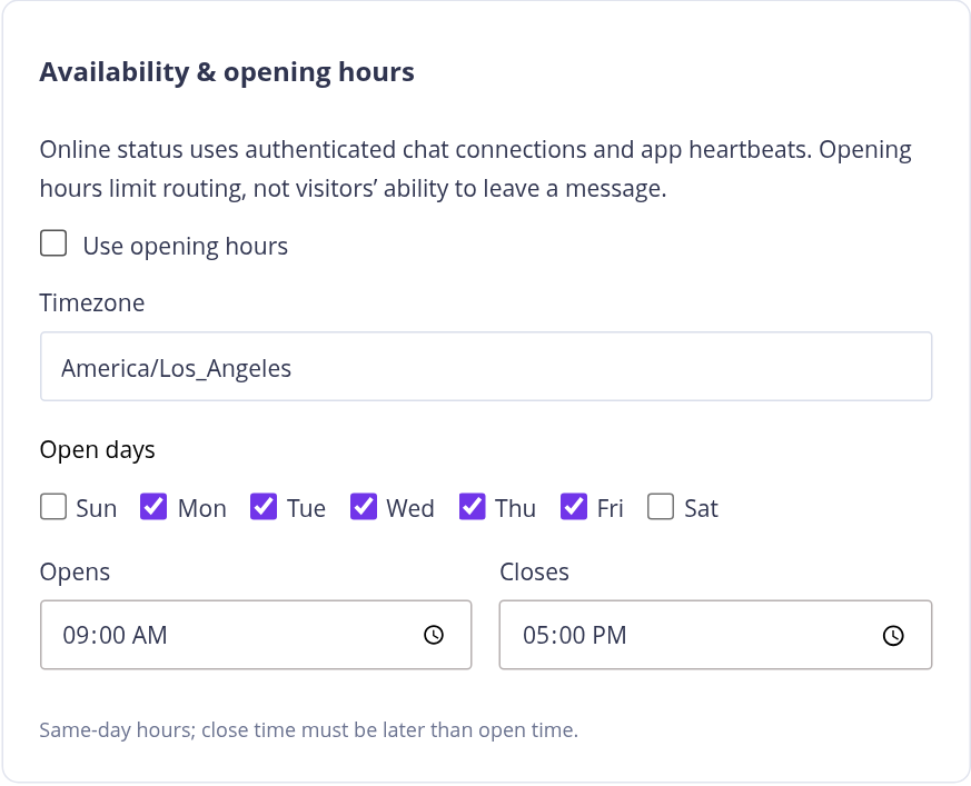 Opening-hours switch, Los Angeles timezone, weekdays and opening and closing times
