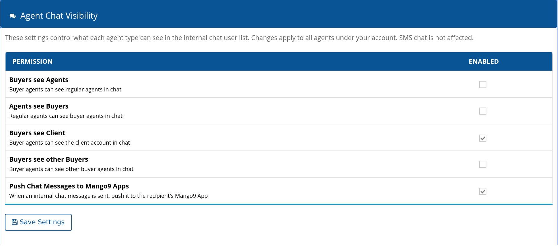 The four buyer/agent visibility choices and app push-notification setting